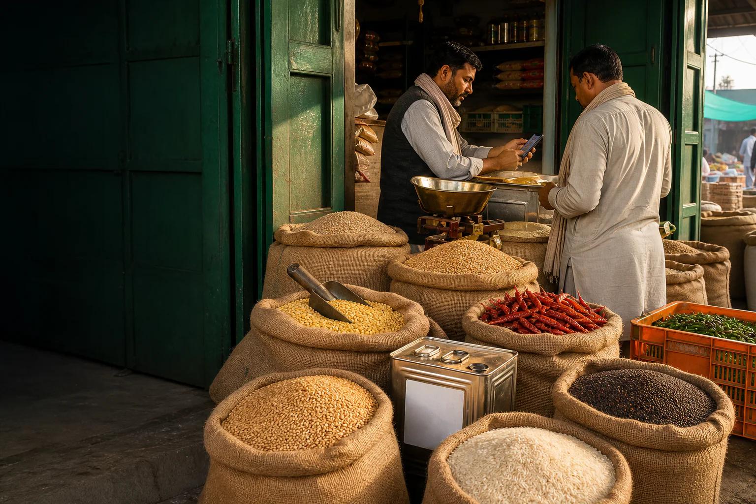हरियाणा की मंडी में थोक अनाज की दुकान